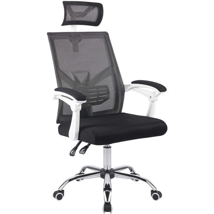 Chaise de Bureau Ergonomique Réglable, Fauteuil Pivotant en Maille avec Appui-Tête Ajustable Support Lombaire et Accoudoirs (Blanc)