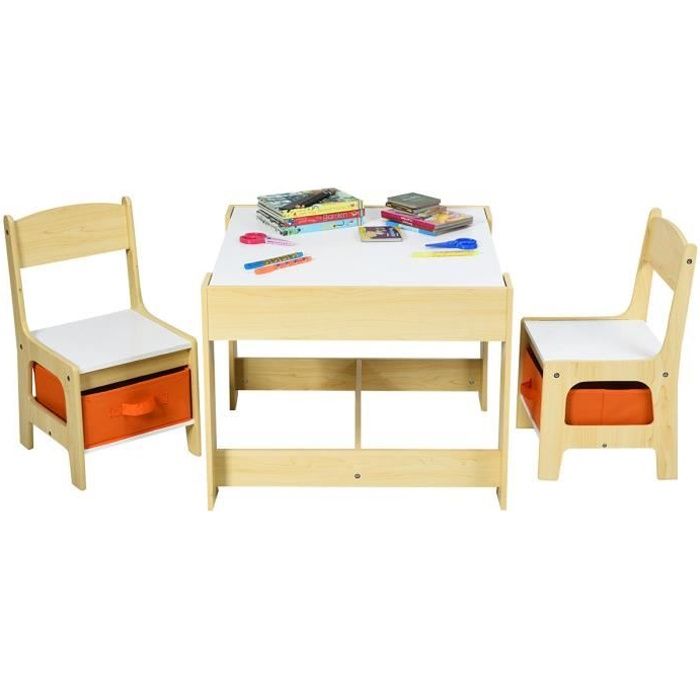COSTWAY Ensemble Table et 2 Chaises pour Enfant en Bois Tableau Transformable à Tableau Noir avec Chaise Fonction de Stockage Gris