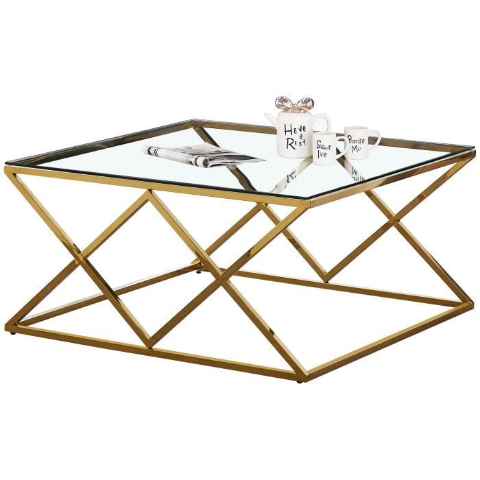 Table basse design carré en acier inoxydable poli doré et plateau en verre trempé transparent L. 100 x P. 100 x H. 50 cm