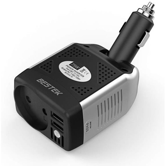 BESTEK Convertisseur 12v 220v Chargeur Allume Cigare avec 2 Ports USB Onduleur de Voiture 75W (Noir Blanc)