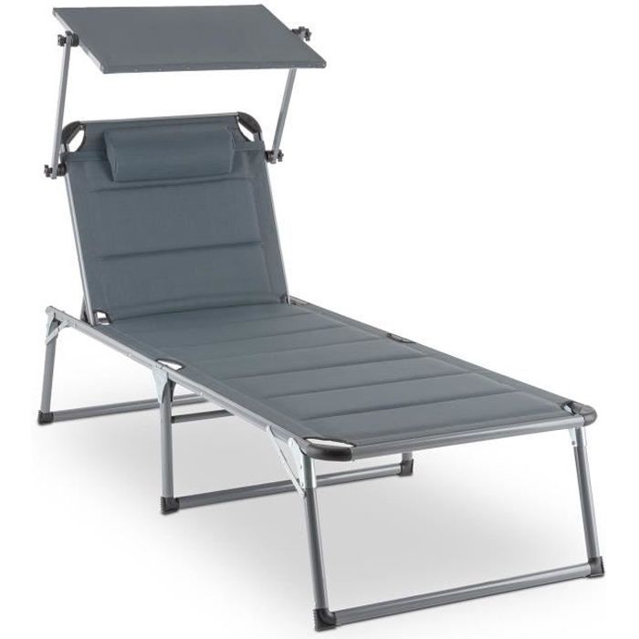 Blumfeldt Amalfi Noble Gray Bain de soleil Transat 70x37x200 cm avec pare-soleil - rembourrage confortable - tubes acier résistants