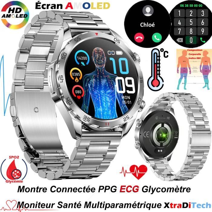 Montre Connectée Homme avec Micro Smartwatch Femme ECG PPG Grand Écran Rond Tactile Étanche IP67 Boîtier Alliage Bracelet Similicuir