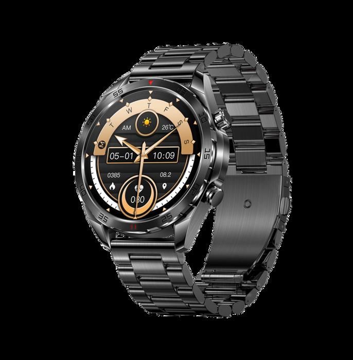 Montre Connectée Homme avec Micro Smartwatch Femme ECG PPG Grand Écran Rond Tactile Étanche IP67 Boîtier Alliage Bracelet Similicuir