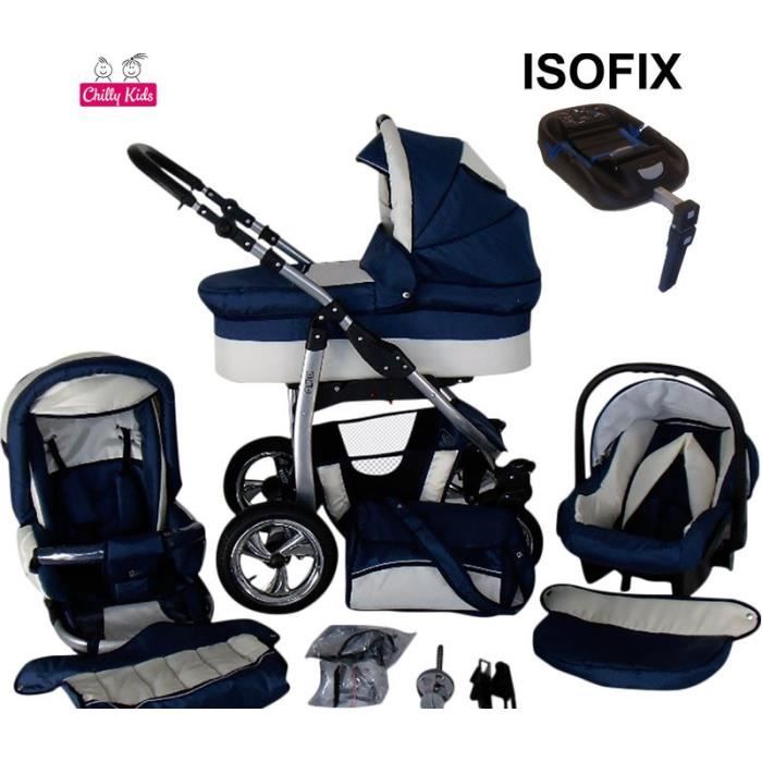 Dino Poussette Trio ISOFIX Nacelle Poussette Canne Siège auto Parasol Chancelière 18 bleu marine & crème