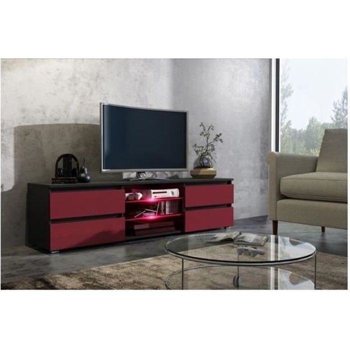 Meuble tv 150 cm noir mat et façade bordeaux laquée