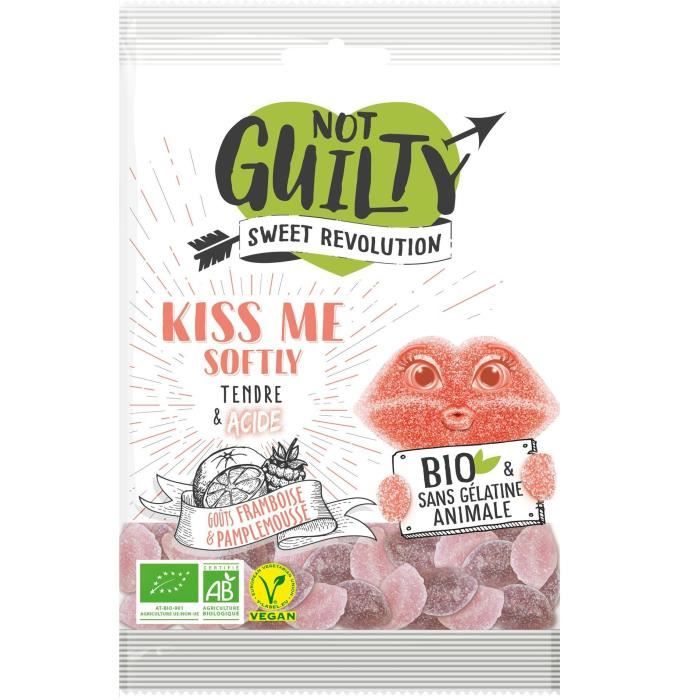 NOT GUILTY Gélifiés acidulés Sachet de Kiss Me Softly saveur Framboise et Pamplemousse - BIO - 100 g
