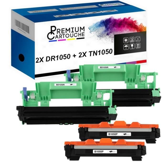Toner DR+TN1050 Tambour (x2) + Toner (x2) Compatible pour Brother HL-1110-1110E-1110R-1112-1112E-1112R-1210W-1212W, MFC-1810-1810E-1