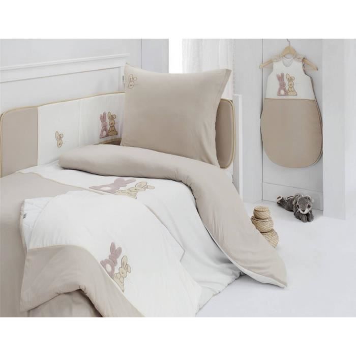 Housse de Couette POMPON LE LAPIN 140x200cm avec taie d'oreiller - Sensei La Maison du Coton - Ecru - Taille : 140x200