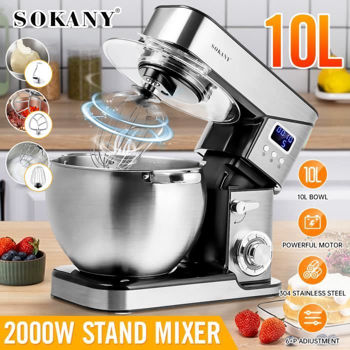 SOKANY Robot Pâtissier Multifonction 2000W 10L - 6+P Vitesse Bol en Acier Inox LED Affichage - Cuisine Batteur Crochet Fouet Petrin