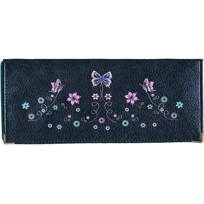 Porte chéquier long portefeuille porte carte, en cuir noir motif papillon