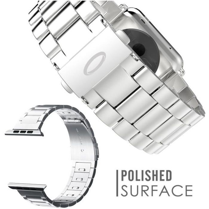 Trop Saint® Bracelet Compatible avec Apple Watch (44mm/42mm) avec Fermoir Métalique réglable - Couleur Argent -
