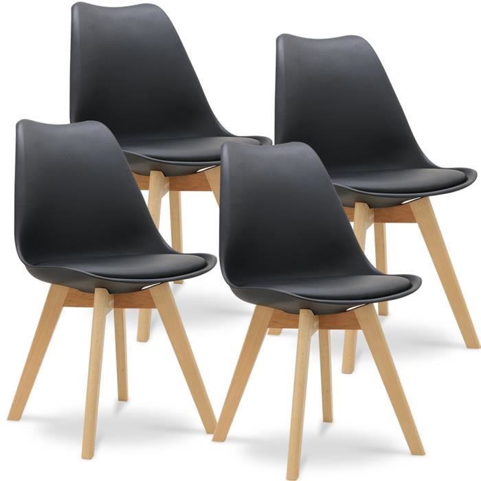 Lot de 4 Chaises Dorian Design Scandinave Coque Plastique Rigide Noir Pieds Bois