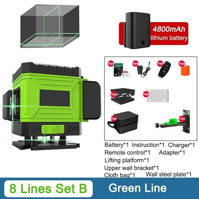 Niveau laser vert 8 lignes 2×360° avec réglage de l