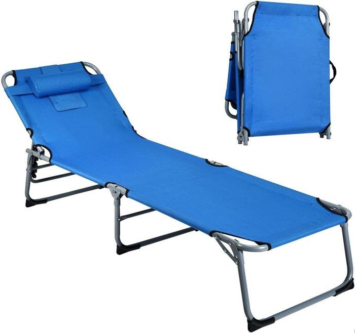 GIANTEX Chaise Longue Pliante Réglable à 5 Niveaux-Transat Bain de Soleil- avec Appuie-Tête et Trou de Visage-pour Jardin- Bleu GIANTEX Chaise Longue Pliante Réglable à 5 Niveaux-Transat Bain de Soleil- avec Appuie-Tête et Trou de Visage-pour Jardin- Bleu