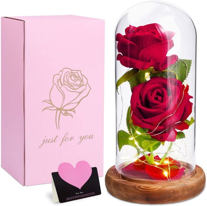 SHIBA-Rose Eternelle Sous Cloche, Cadeau Maman,Rose Eternelle La Belle Et La Bete Rose Eternelle Avec Led Dans Un Dome En Verre 3