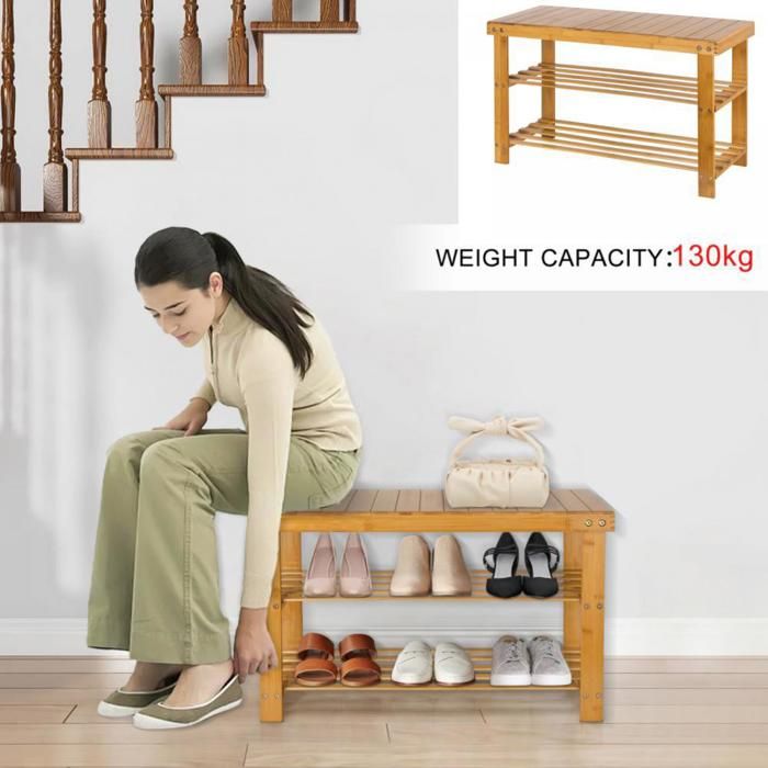 JEOBEST - Banc à Chaussures en Bambou 2 en 1 Étagère de rangement 2 étagères Étagère à Chaussures 70*27*42 cm