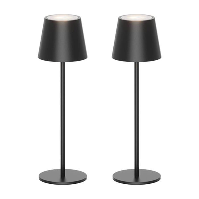 CATAVANA Lot de 2 Lampes de Table LED Sans Fil Rechargeables – Lampe Tactile Variateur USB-C IP44 Intérieur Extérieur Métal Noir