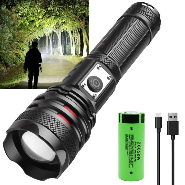 Lampe de poche tactique à LED torche de 20 000 lumens lampe de poche rechargeable USB avec batterie rechargeable 26650 de 5 000mAh