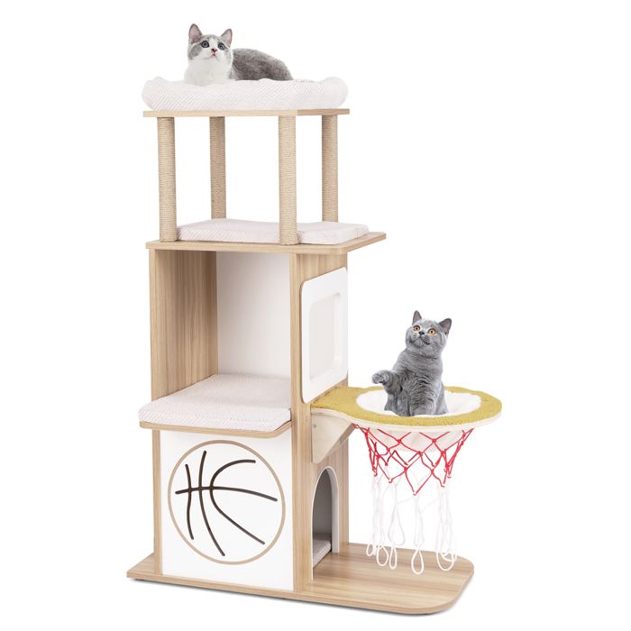 Comparer les prix de COSTWAY Arbre à Chat Multi-niveaux 120 cm, Thème Sportif, 2 Perchoirs, Hamac, Panier de Basket, Poteaux à Gratter en Jute, Coussins