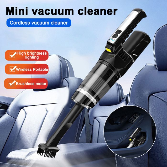 Aspirateur sans fil de voiture portable avec filtre à buse de pinceau et lampe légère pour la maison de voiture noir