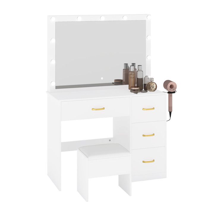 Coiffeuse Avec Miroir LED Et Prises Intégrées - Bureau Maquillage Blanc Avec Tiroirs
