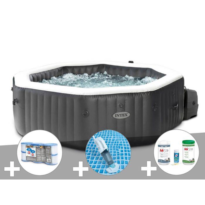 Intex Kit spa gonflable PureSpa Carbone octogonal Bulles et Jets 4 places + 12 filtres + Kit traitement brome + Aspirateur
