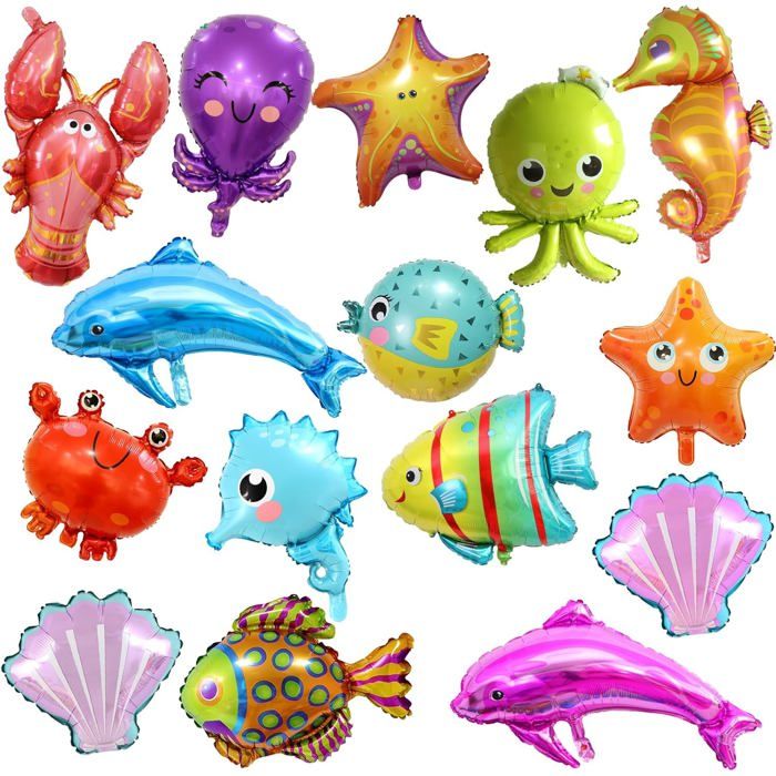 Lot de 15 Ballons Animaux de lOcéan - Décorations de Fête Sous la Mer Requin et Poisson pour Anniversaire dEnfants