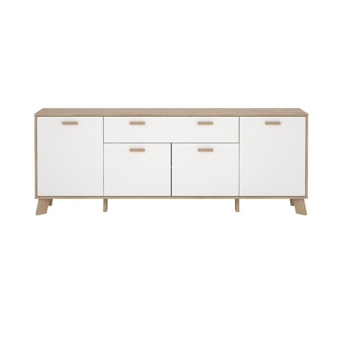 CALICOSY - Buffet 4 portes 1 tiroirs décor chêne et blanc L198 cm - STORM - Blanc