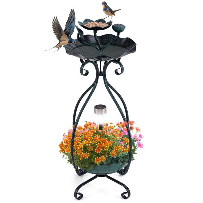Comparer les prix de COSTWAY Mangeoire à Oiseaux Extérieur 79 cm avec Lumières Solaires et Piédestal de Jardinière pour Jardin Cour Pelouse Bronze