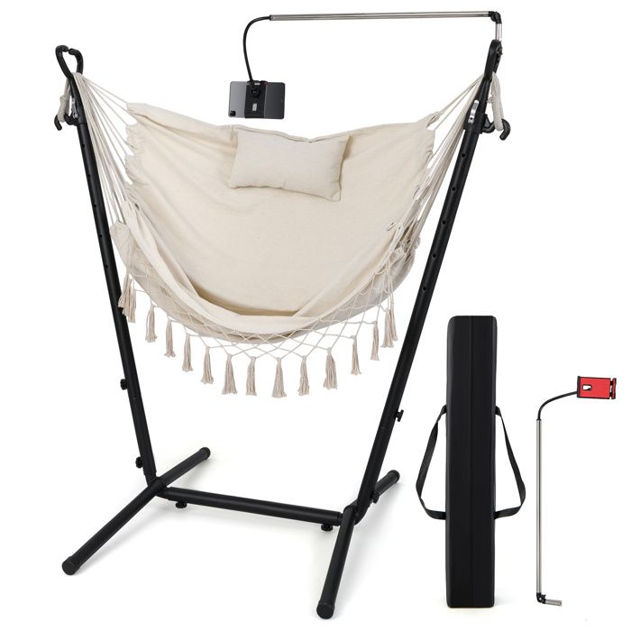 GOPLUS Hamac avec Cadre en Métal et Siège en Couton Fauteuil Suspendu à Hauteur Réglable avec Support pour Téléphone Beige
