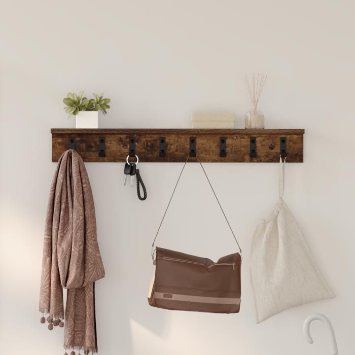 ESTINK® Porte-manteau mural - Style moderne - avec étagère Chêne fumé 80 x 10.5 x 10.5 cm @2304@