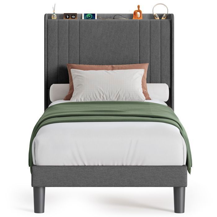 Structure de Lit - Bealife - 90 x 200cm - Lit Rembourré - Latte Bois de Sapin - LED Réglable - Prise USB - Rangement sous lit - Gris