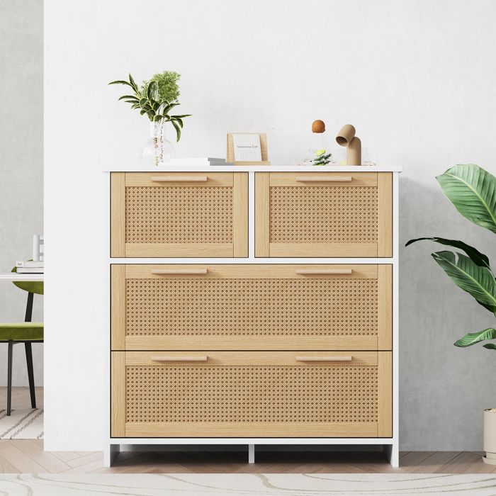 Buffet bas 80×38×80 cm avec 4 tiroirs Buffet salon avec poignées en bois massif Buffet de cuisine en rotin Naturel + Blanc