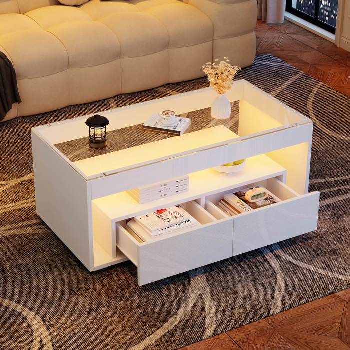 Table basse - LEMONBEST - Table basse LED moderne - 2 tiroirs - Plateau verre trempé - Laqué blanc