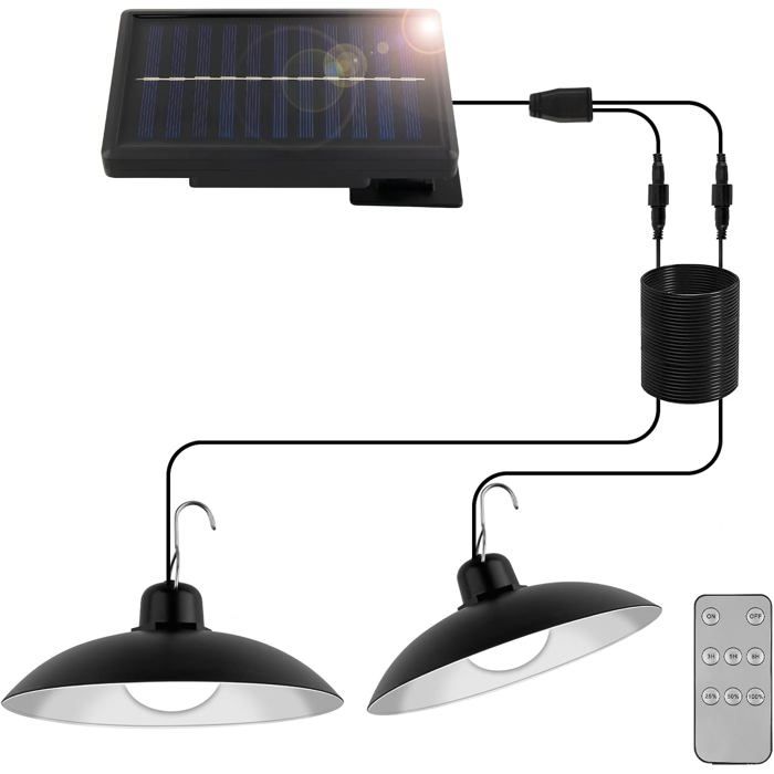 Lampe Solaire Extérieur Suspendue Suspension solaire à double tête vec Télécommande 3 Luminosité Mode IP44 étanche avec câble de 3M