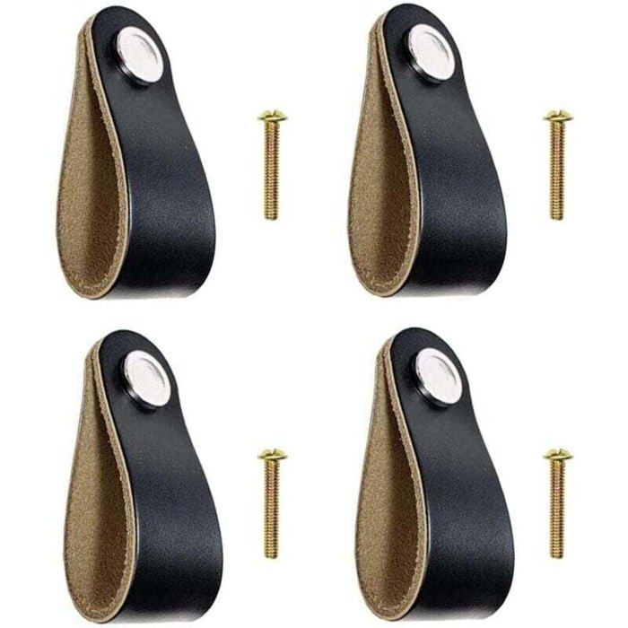 4 poignées cuir noir tiroir/placard cuisine avec vis Label