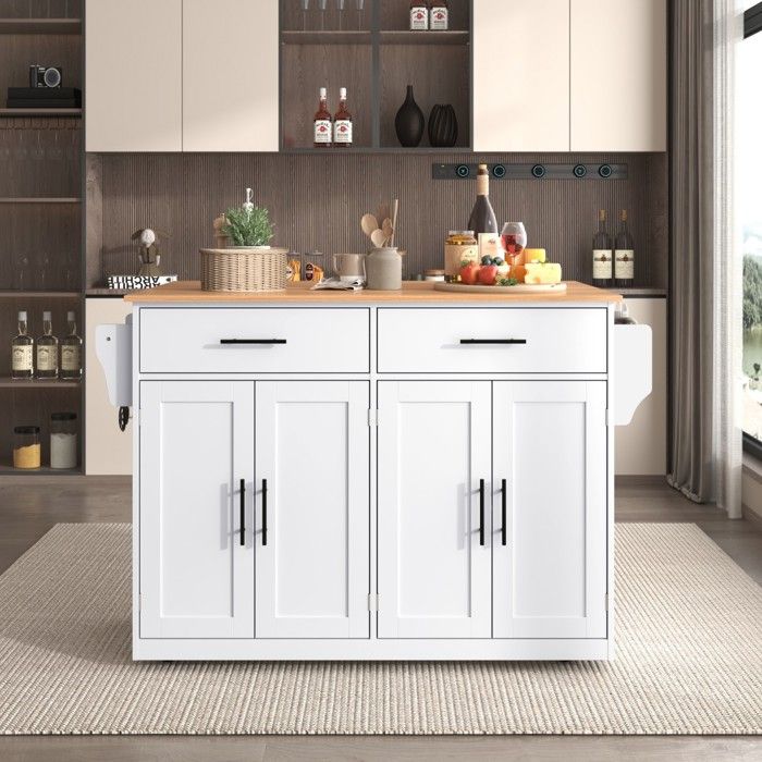Îlot Central Mobile-Plateau Rabattable-Roulettes Pieds Bois-Stable-Blanc Naturel 120x46x91cm-Polyvalence-Design Moderne Îlot Central Mobile-Plateau Rabattable-Roulettes Pieds Bois-Stable-Blanc Naturel 120x46x91cm-Polyvalence-Design Moderne
