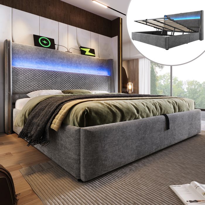 Lit Double Rembourré 160 x 200 cm Lit coffre avec Éclairage LED Rangement et Tête de Lit Haut - Gris Effet Lin (Sans Matelas)