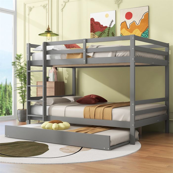 Lit superposé 140x200 cm avec lit gigogne escalier & barrières pin+MDF gris - sans matelas