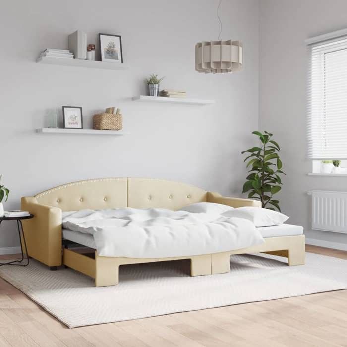 Lit de jour avec gigogne - UU - Crème - 80x200 cm - Tissu polyester - Bois massif - Métal