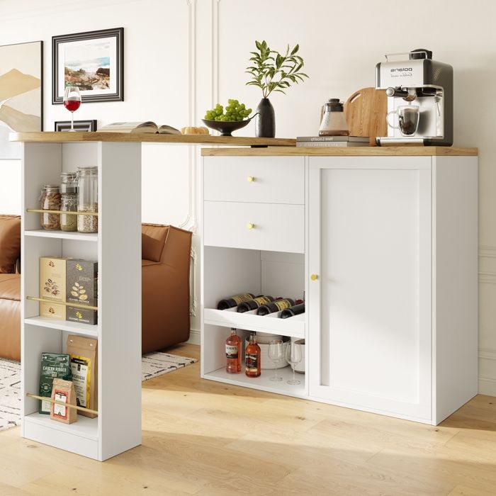 Table de bar pivotante à 360° (corps principal 105x39x102cm) - avec 2 tiroirs et armoire à porte coulissante - blanc