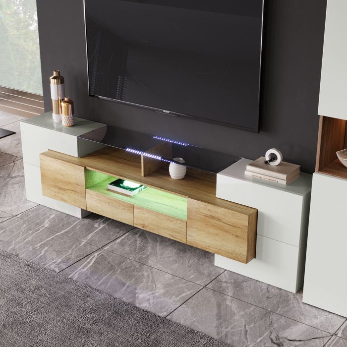 Armoire TV élégante lowboard.blanc brillant 200 cm éclairage LED meuble de salon. design moderne. surface en verre élégante.