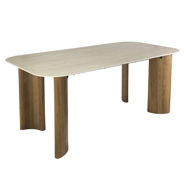TIANA XL - Table à manger rectangulaire en céramique beige pieds couleur chêne 180 cm