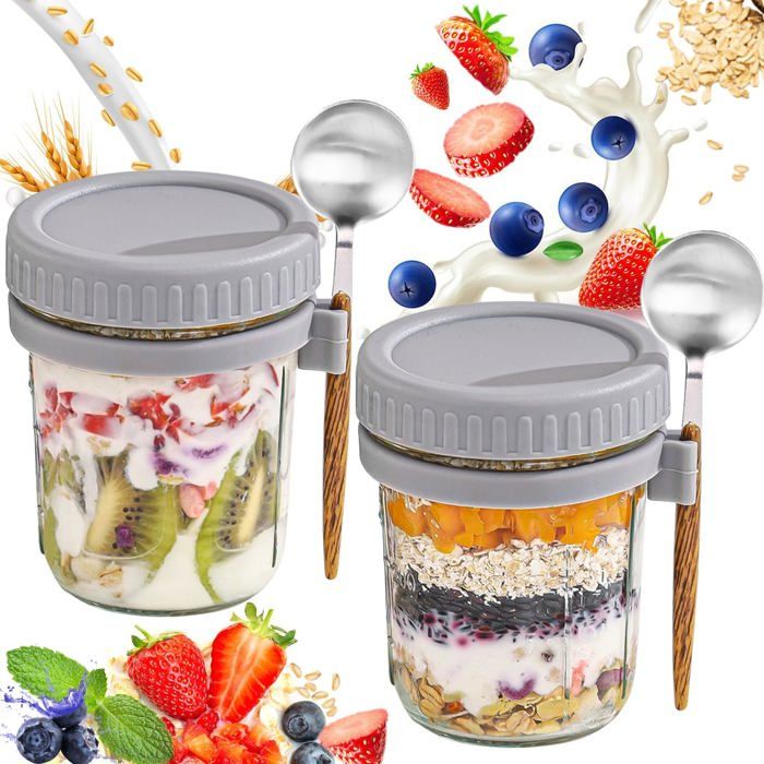 Ensemble de 4 bocaux de 350 ml pour la préparation des repas du lendemain un pot à muesli en verre avec couvercle et cuillère...