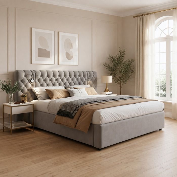 Lit coffre rembourré avec tête large et liseuse intégrée FloraGrace 180x200 cm velours gris