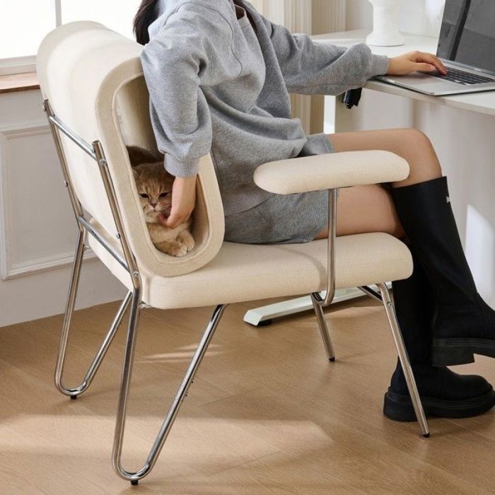 Chaise Bureau Beige Lit Chat Intégré Tissu Anti-Rayures Assise Large Accoudoirs Remplaçables Design Ergonomiqu CHAISE DE BUREAU
