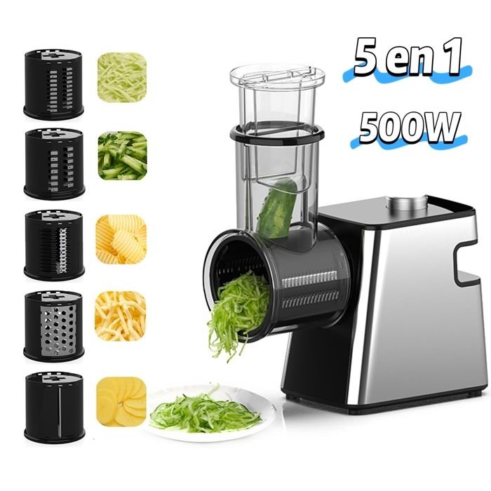Coupe-légumes électrique - 5 lames - râpe électrique 5 en 1- Tranches fines tranche épaisses râpage épai râpage fin râpé - 500W