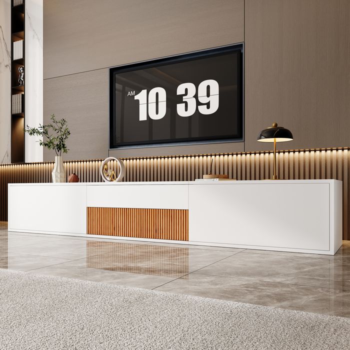 Meuble TV 180x34x30 cm avec montage mural ou sur pied support projecteur coulissant panneaux de particules blanc