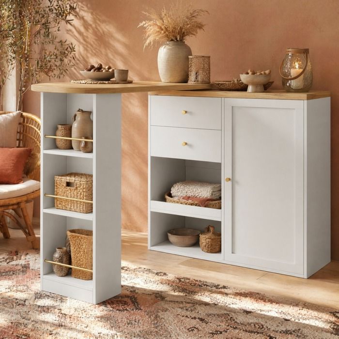 Buffet de cuisine blanc avec table de bar rotative à 360° pour salon et salle à manger MDF 1 porte 2 tiroirs