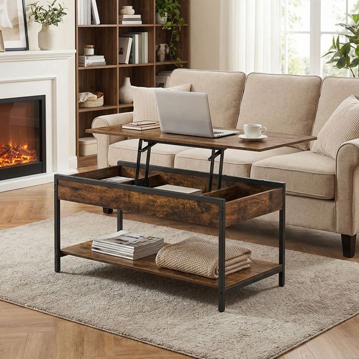 Table de Café avec Plateau Relevable Rangement Caché et Ouvert Meuble de Salon 100 x 50 cm Marron Rustique et Noir